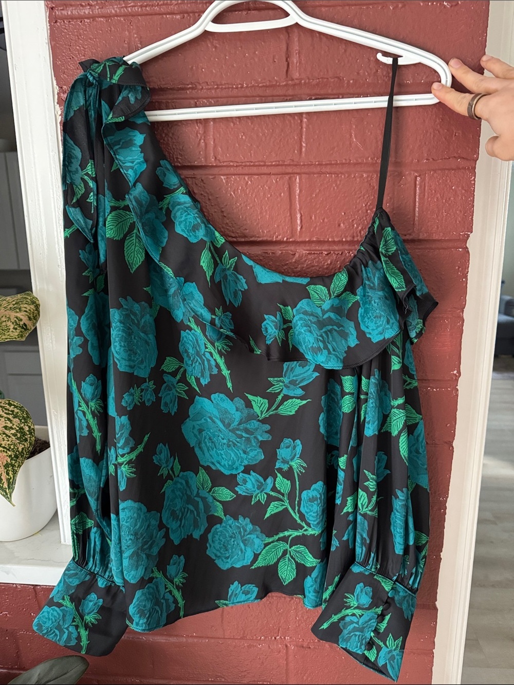 Free People ‘These Nights’ Black One Shoulder Top with Teal & Green Rose Print L